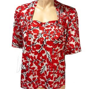 Kasper Size L Square Neck Blouse Stretch Short Sleeve Red Print Top Large